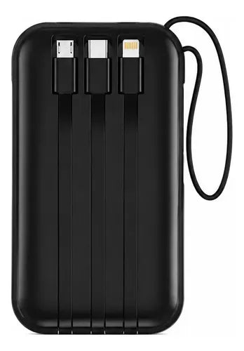 Power Bank Portátil De 10000mah Con Carga Rápida 3 Puertos 4 Cables Integrados Para iPhone Y Android Negro/blanco