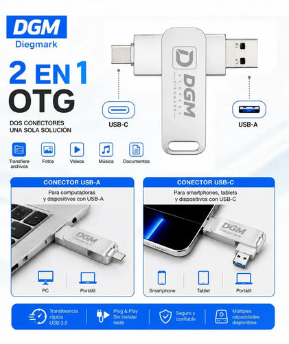 Pendrive Otg Diegmark 8gb 2 En 1 Usb C / Usb Para Smartphone Tablet Notebook Pc Smart Tv Consolas Respalda Tus Fotos,... Plateado