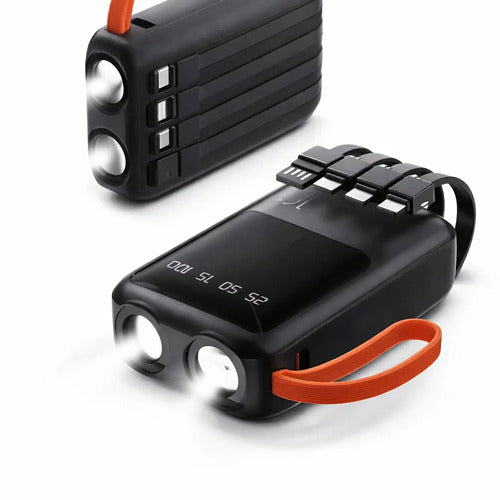 Power Bank Portátil Diegmark De 10000 Mah Con Carga Rápida 12w, Cables Integrados Y Linterna Led Negro/blanco