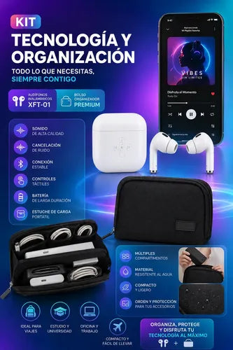 Kit Audífonos Inalámbricos Earbuds Con Bolso Organizador Blanco/negro