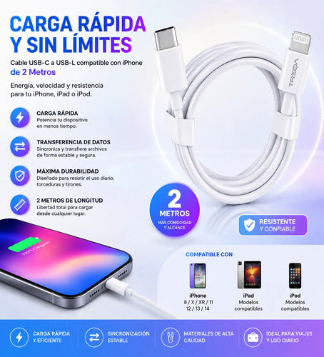 Cable Carga Rápida Usb-c A Usb-l Compatible Con iPhone 2mts Blanco