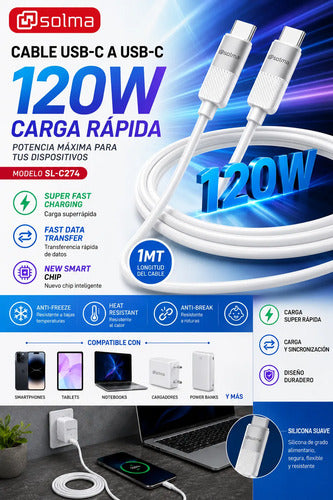 Cable Usb-c A Usb-c Silicona Flexible Carga Rápida 120w 1m Blanco