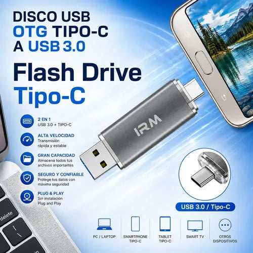 Pendrive Irm 32 Gb Otg Usb-c Y Usb 3.0 De Alta Velocidad Para Android Y Pc Gris Metálico