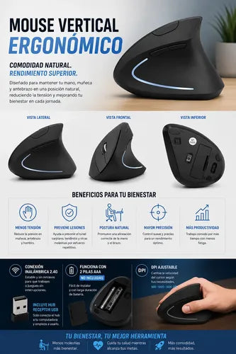 Mouse Vertical Inalámbrico Ergonómico Dpi Ajustable 6 Botone Negro
