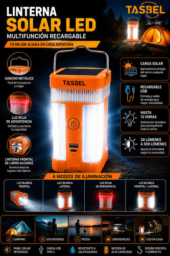 Lámpara Solar Led Camping Linterna Recargable Multifunción Naranja