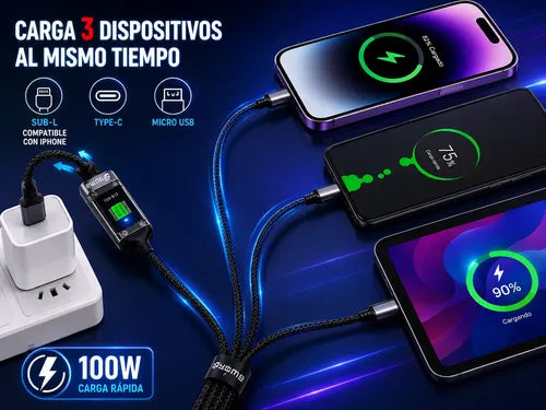 Cable Multicarga 3 En 1 100w Usb L Tipo C Micro Usb 1.2 M Negro