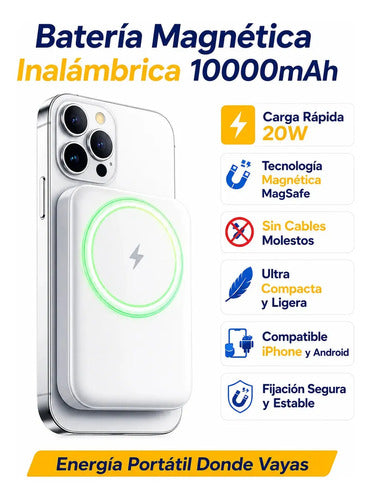 Power Bank Magnético Inalámbrico De 10000mah Con Carga Rápida 22.5w Para iPhone Magsafe Y Android Blanco