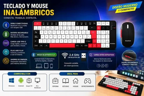 Kit Teclado Y Mouse Gamer Inalámbrico Para Pc, Celular Y Tablet Rojo Negro