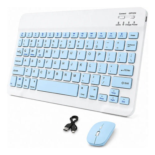 Kit Teclado Y Mouse Bluetooth Para Pc Tablet Y Celular Blanco/azul Azul/celeste