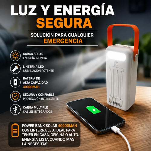 Power Bank Solar 40000mah Con Linterna Led Cables Integrados Blanco