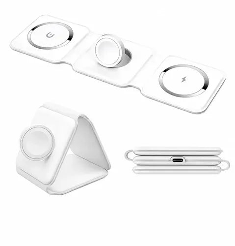 Cargador Inalámbrico Magnético 3 En 1, Plegable Y Portátil Compatible Con iPhone, Samsung Y Dispositivos Con Tecnología Qi Blanco