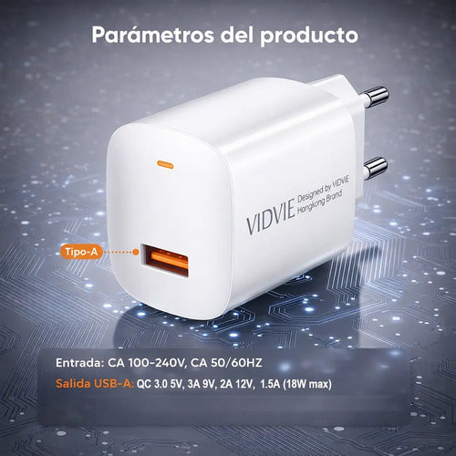 Cargador Rápido De Pared Vidvie 18w Usb-a A Usb-c Con Cable, Para Samsung, Xiaomi Y Huawei Blanco