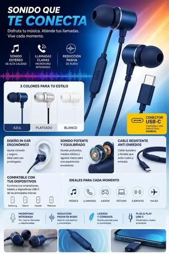 Audífonos In-ear Diegmark Sl-e120 Usb-c Con Micrófono Y Reducción De Ruido Negro
