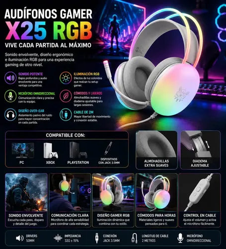 Auriculares Gamer Vincha Para Pc Onikuma X25 Con Micrófono Color Blanco Luz Arcoíris