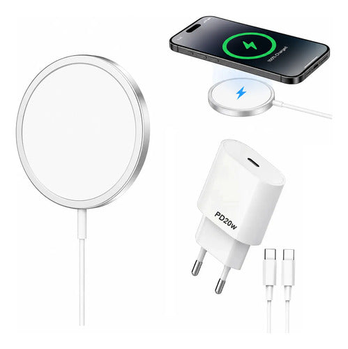 Cargador Magnético 15w + Adaptador Pd20w Para iPhone Samsung Blanco