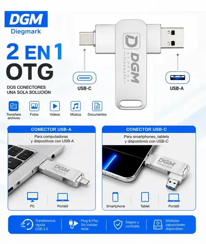 Pendrive Diegmark 64gb Usb C Y Usb A 3.0 Para Smartphone, Tablet Y Pc Plateado Otg
