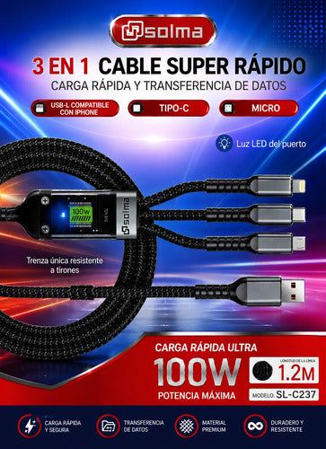 Cable Multicarga 3 En 1 100w Usb L Tipo C Micro Usb 1.2 M Negro