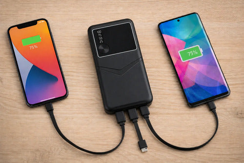 Powerbank 10000mah 3 Cables Integrados 3 Usb Y Linterna Negro