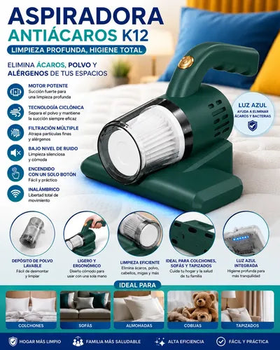 Aspiradora Anti Ácaros Inalámbrica K12 Para Colchones Sofás Verde Musgo