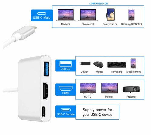 Adaptador Usb C A Hdmi 4k Y Usb 3.0 Para Carga Rápida De Notebook Y Tablet Plateado
