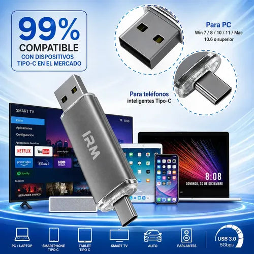 Pendrive Irm Otg Tipo C Y Usb 3.0 De 8 Gb Para Android Y Pc Gris Metálico