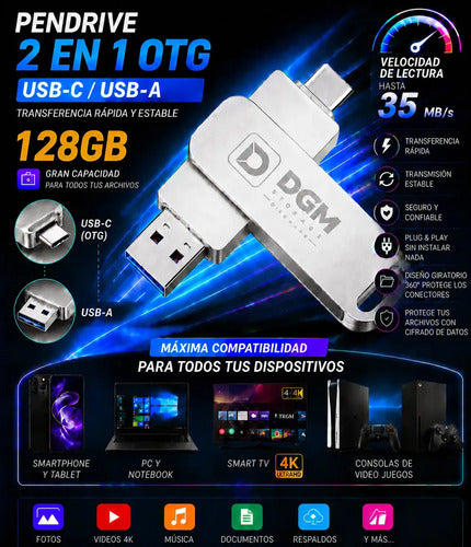 Pendrive Otg Diegmark 128gb 2 En 1 Usb C / Usb Para Smartphone Tablet Notebook Pc Smart Tv Consolas Respalda Tus Fotos,... Plateado