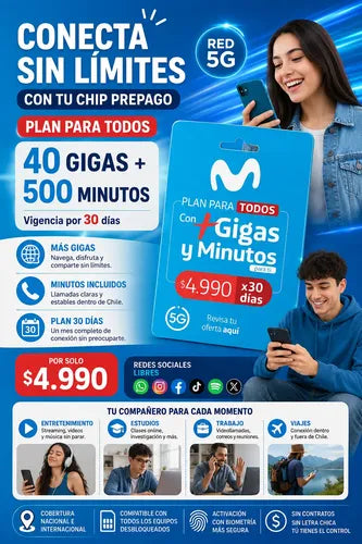 Chip Movistar Prepago 5g Plan 30 Días 40gb Y 500 Minutos 3 En 1