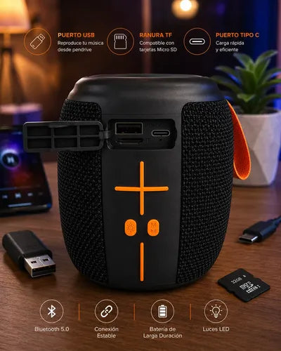 Parlante Portátil Bluetooth 5.3 8w Tws Usb Tf Radio Fm Negro