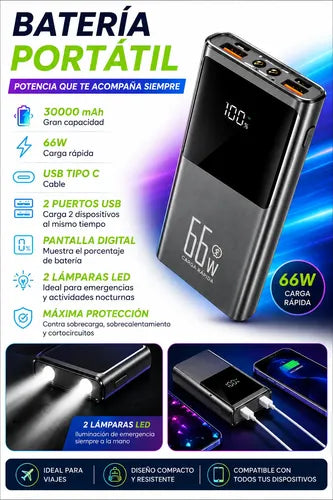 Powerbank 30000mah 66w Pantalla Digital 2 Usb Lampara Led Gris