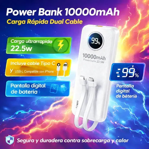 Powerbank 10000mah 22.5w Con Cables Compatible Con iPhone Blanco