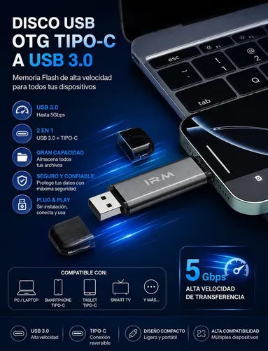 Pendrive Flash Drive Metálico Memoria Usb Otg Tipo C Usb 3.0 Irm 16gb Alta Velocidad Hasta 100mb/s Lectura Compatible Con Android Pc Notebook Tablet Smart Tv Plug And Play Transferencia Rápida Gris