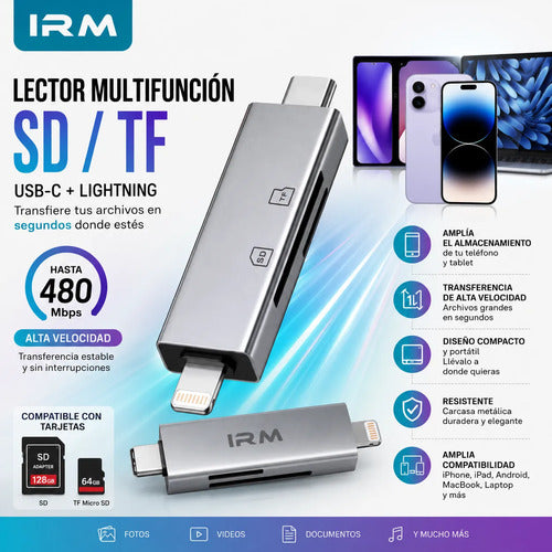 Lector Micro Sd Tf Usb C Usb L Compatible Con iPhone Android Gris