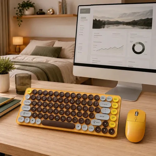 Kit Teclado Y Mouse Inalámbricos Teclas Redondas Silencioso Amarillo / Negro Amarillo