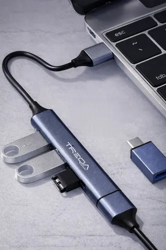 Hub Usb De 4 Puertos Con Adaptador Tipo C Para Macbook Y Laptop Gris Azulado Metalizado