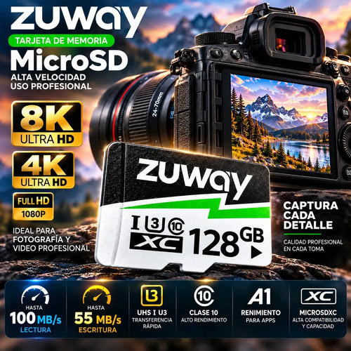Tarjeta De Memoria Microsd Zuway 128gb Clase 10 U3 A1 Alta Velocidad 100mb/s Premium Compatible Con Nintendo Swicht 1, Video 8k, Celulares, Tablets, Cámaras De Seguridad Y Deportivas, Uso Profesional