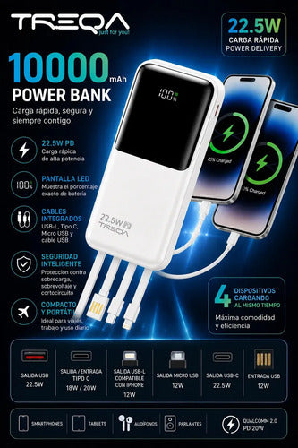 Power Bank Carga Rápida 10000 Mah 22.5w Pd Pantalla Digital 4 Cables Integrados Usb Tipo C Usb L Micro Usb Usb A Batería... Blanco