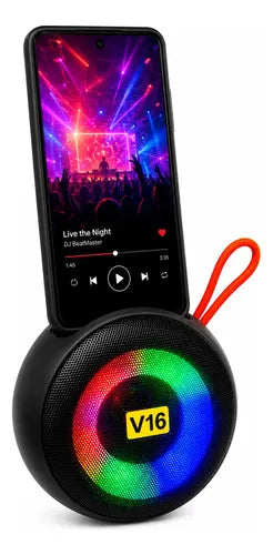 Parlante V16 8w Bluetooth Luz Led Soporte Celular Radio Fm Negro