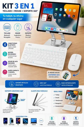 Kit Teclado Mouse Bluetooth Soporte Metal 360° Para Tablet