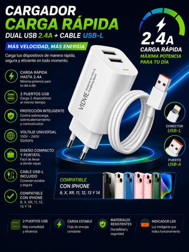 Cargador Carga Rápida 2.4a Compatible Con iPhone 8 Al 14 Blanco