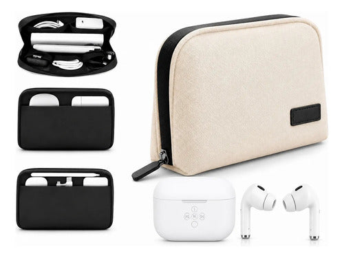 Kit Audífonos Inalámbricos Earbuds Con Bolso Organizador Blanco/beige
