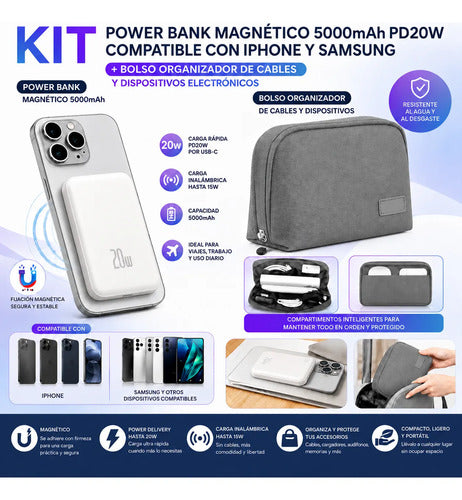 Kit Powerbank 5000mah Magnético Para iPhone Samsung + Bolso