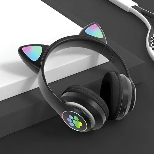 Audífonos Inalámbricos Orejas Gato Con Micrófono Recargables Negro