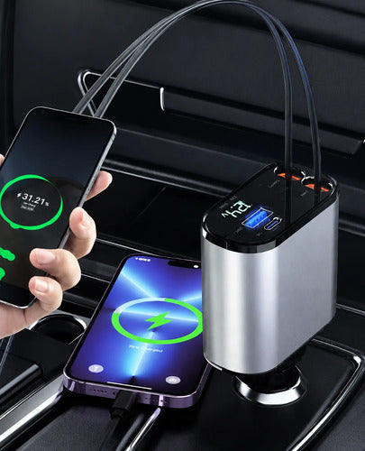 Cargador Auto 120w 4 En 1 Con 2 Cables Retráctiles 2 Puertos Negro