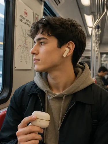 Kit Audífonos Bluetooth 5.49 Y Bolso Organizador Accesorios Beige