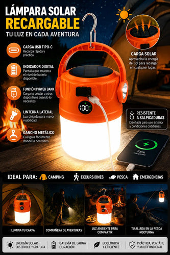 Lampara Solar Camping Farol Colgante Recargable Power Bank Naranja