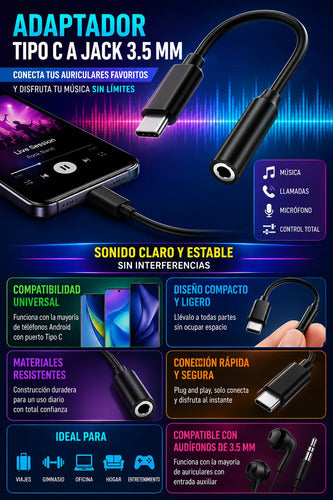 Adaptador Audio Tipo C A Jack 3.5mm Conector De Audífonos Negro