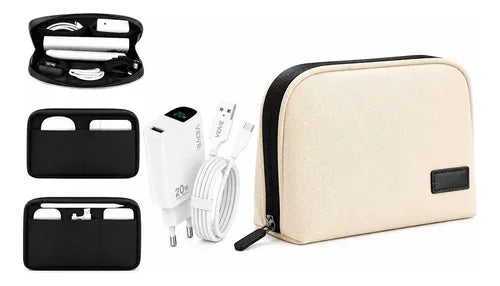 Kit Cargador Rápido 20w Usb C Para Android + Bolso Organizad Blanco/beige
