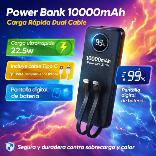 Powerbank 10000mah 22.5w Con Cables Compatible Con iPhone Negro