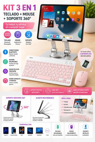 Kit Teclado Mouse Bluetooth Soporte Metal 360° Para Tablet