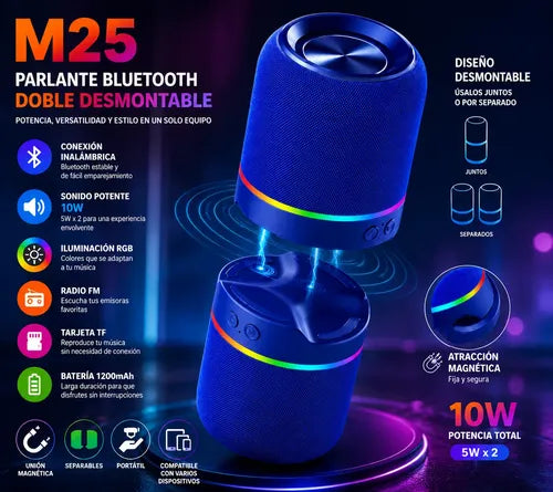 Parlante Inalámbrico M25 Doble Rgb Desmontable 10w Radio Fm